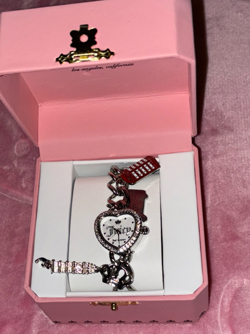 Juicy Couture Silver Heart Charm Bracelet Watch with Red Charm